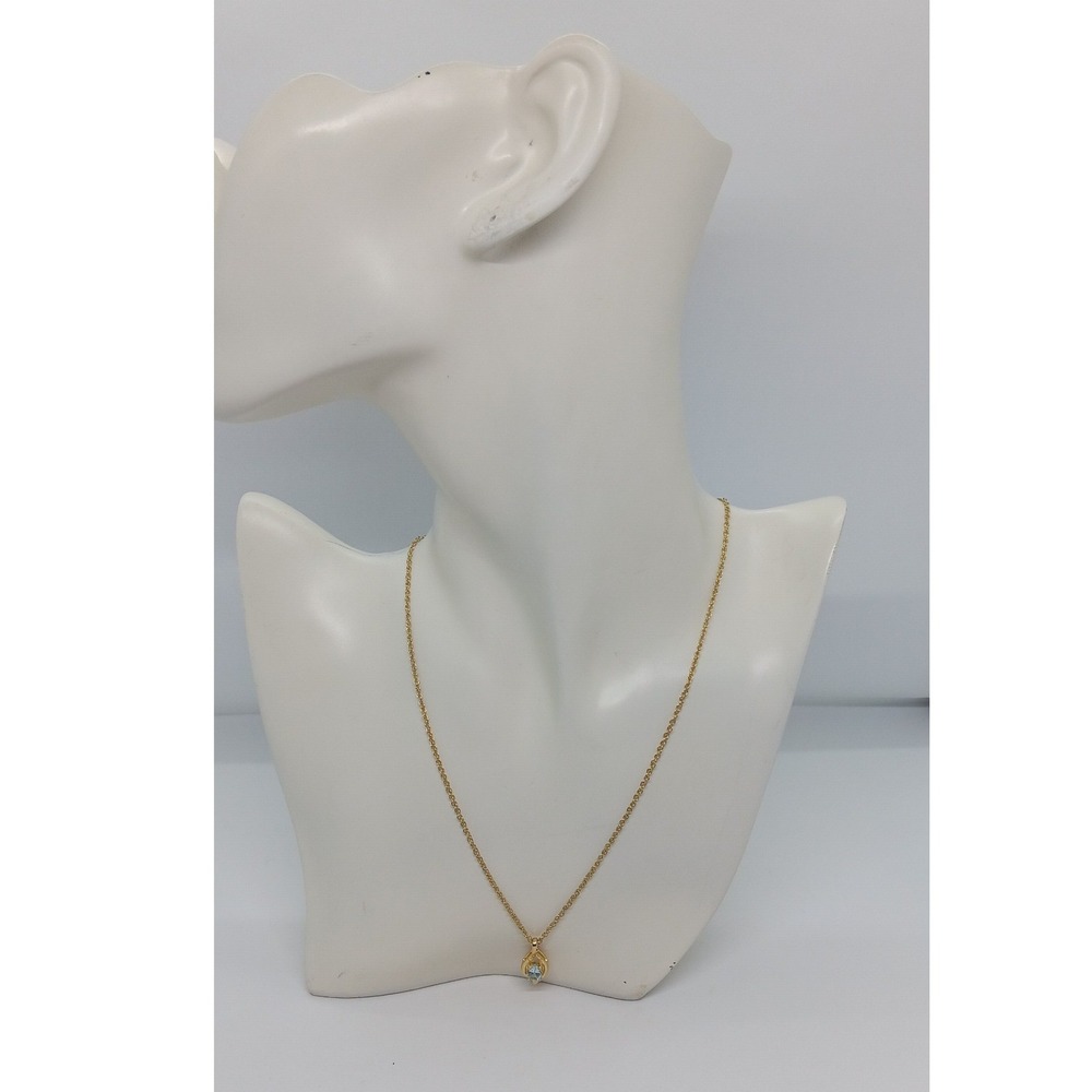Gold Tone Cable Chain Necklace Blue Teardrop Glass Rhinestone Pendant 10"  #26